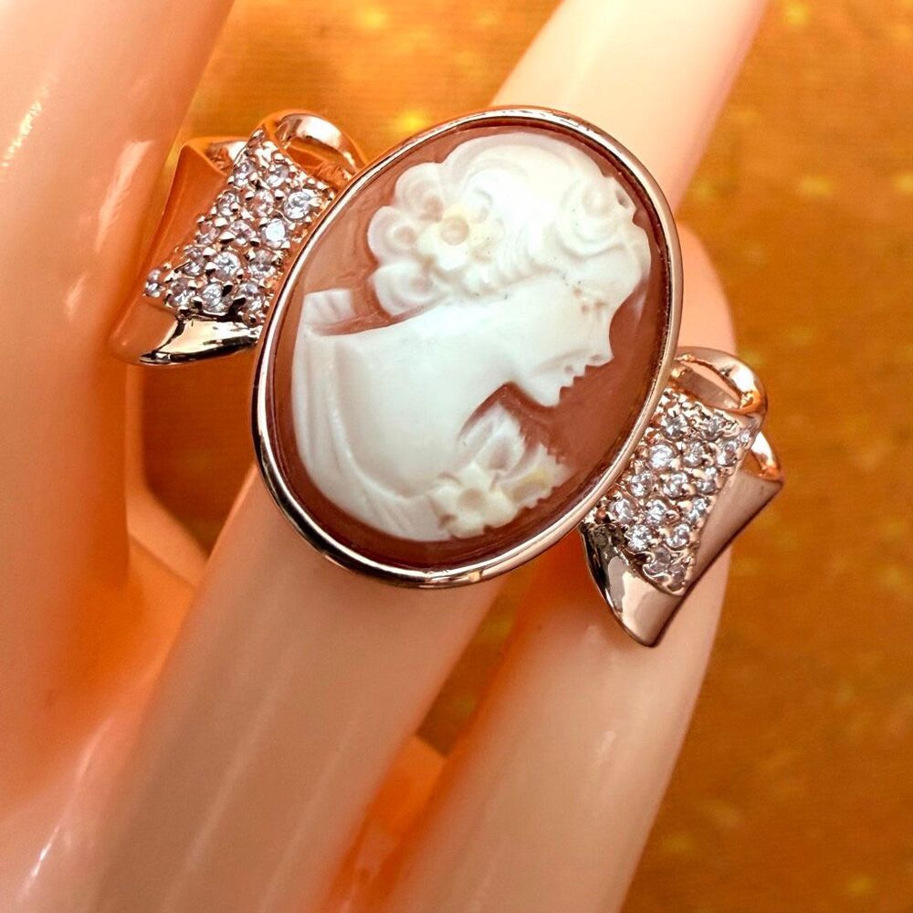 AMEDEO Carved Shell Cameo Rose Gold Tone Crystal Bow Ring